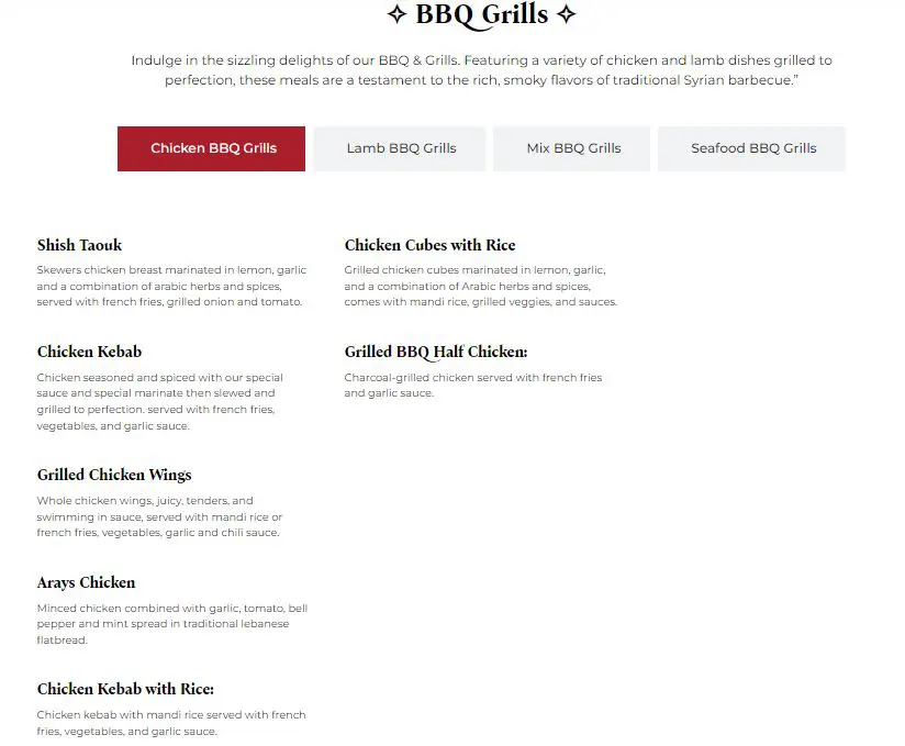 Damascus Bbq Grill Menu