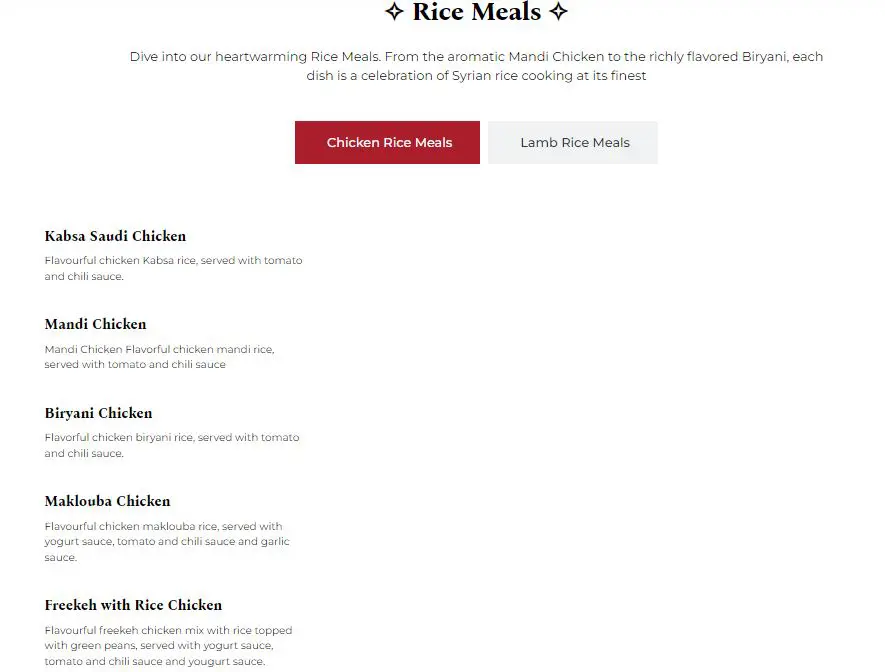 Damascus Chicken Rice Menu