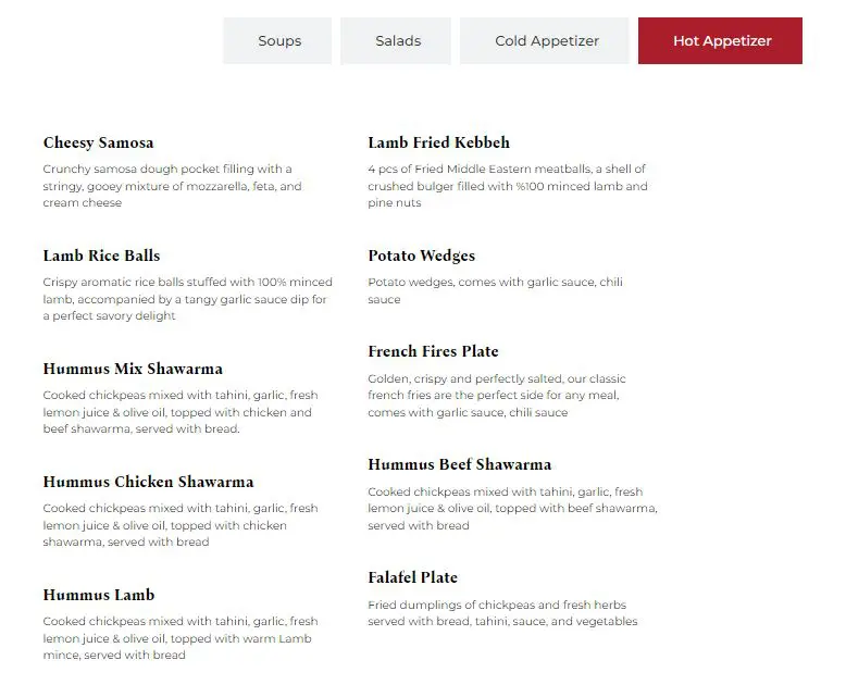 Damascus Hot Appetizer Menu