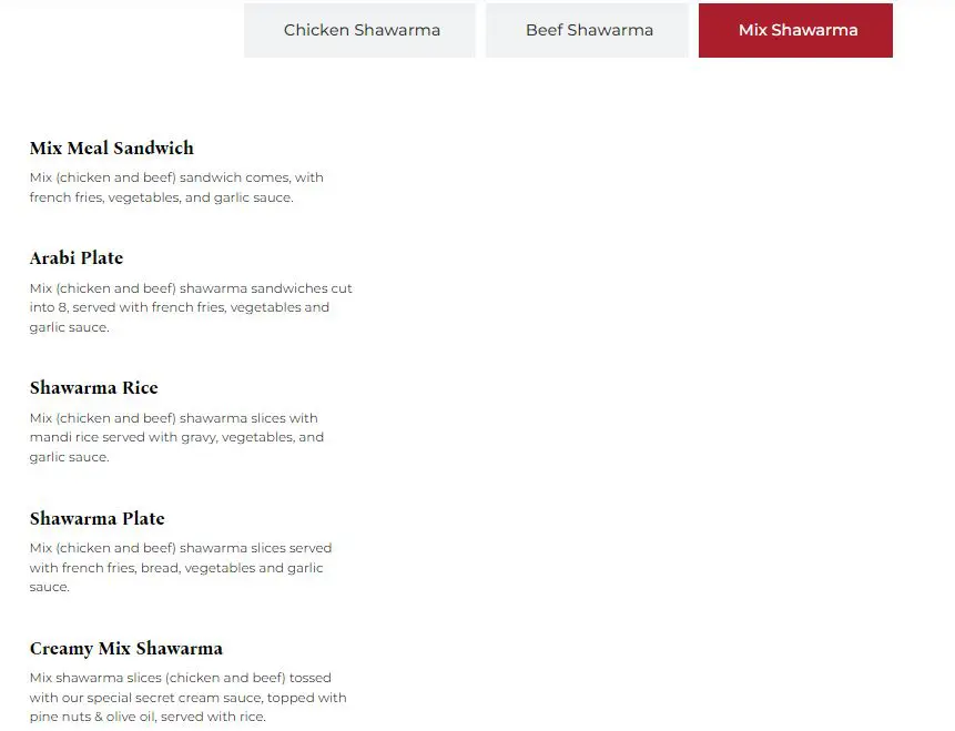 Menu Damascus Mix Shawarma 