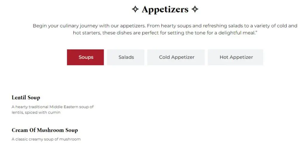 Damascus Soup Menu