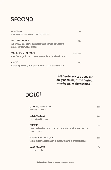 Casa Cicheti Menu Options